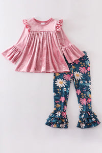Pink floral ruffle girl pant set