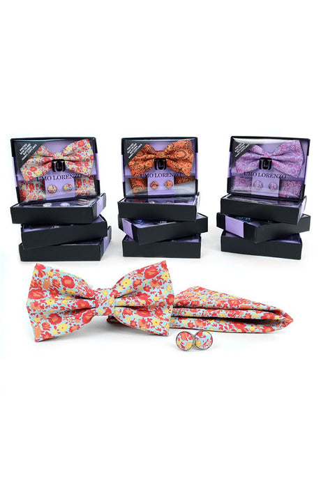 Assorted Men's Floral Bow Tie Cufflinks Hanky Set