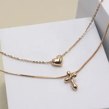 Double Layer Chain Heart Cross Charm Necklace