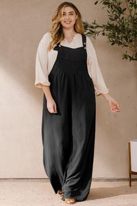 ODDI-Button Sling Wide-Leg, Solid Woven, Midi Overalls Jumpsuit with Pocket