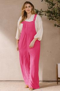 ODDI-Button Sling Wide-Leg, Solid Woven, Midi Overalls Jumpsuit with Pocket