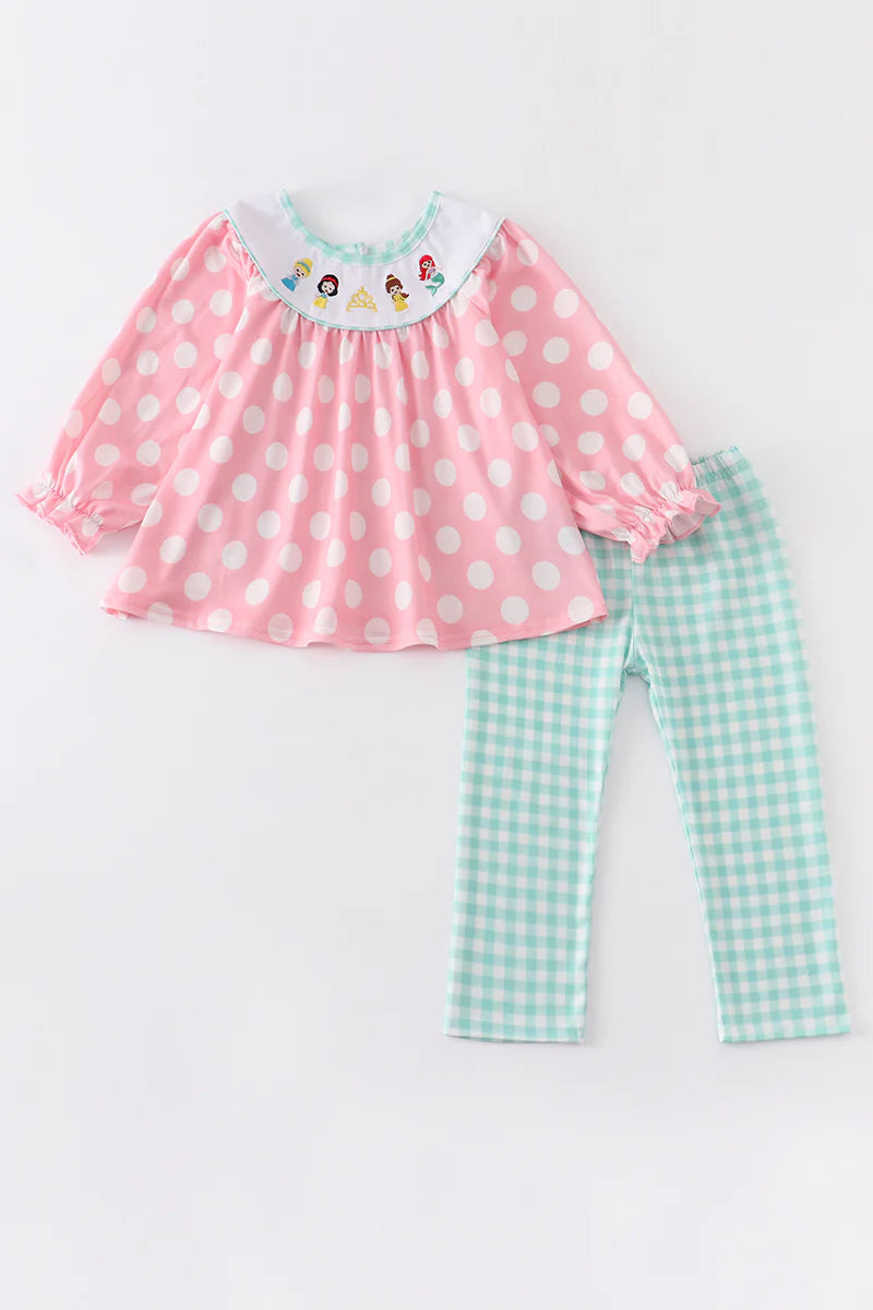 Pink princess embroidery smocked plaid girl pant