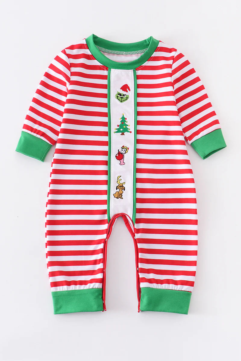 Red stripe Grinch embroidery boy baby romper