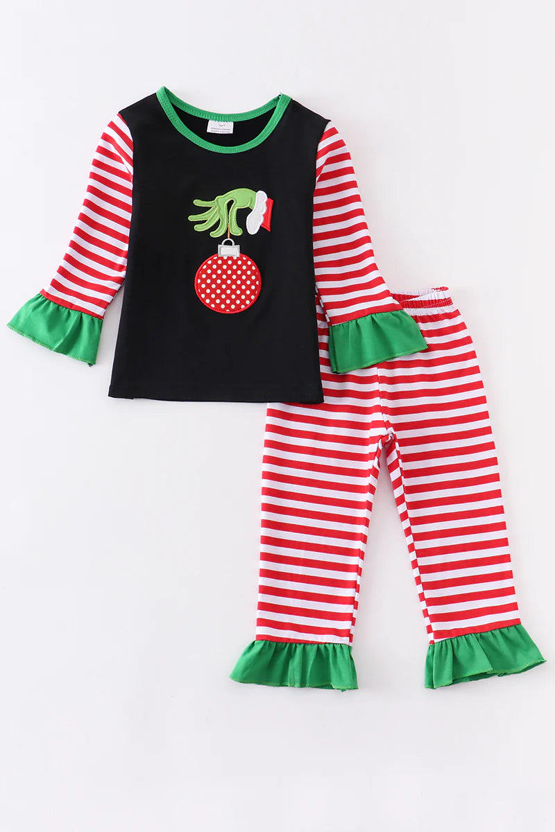 Grinch applique ruffle stripe girls pajama set