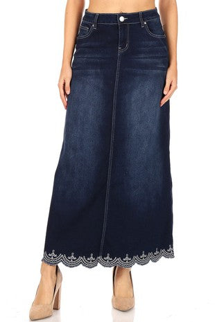 Denim skirt with embroidered hem