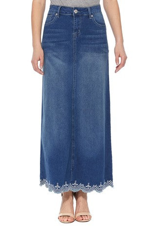 Denim skirt with embroidered hem