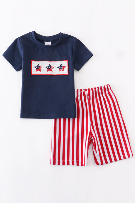 Boy's Blue Star Smocked Shorts Set