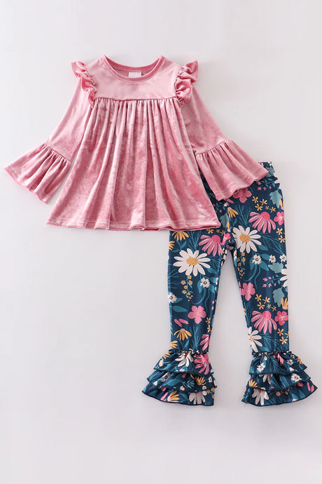 Pink floral ruffle girl pant set