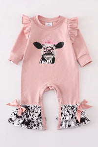 Pink cow ruffle bow baby romper