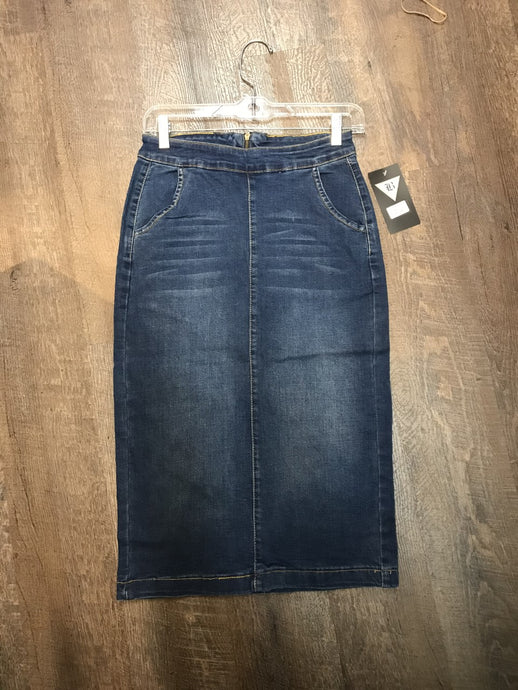 mid calf denim back zipper skirt