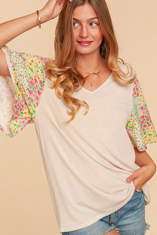 Women's V-Neck Top with Floral print Bell Sleeve