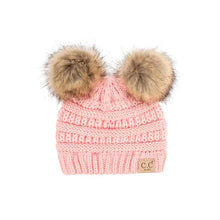 Load image into Gallery viewer, C.C Solid Ribbed Infant Natural Fur Double Pom Pom Beanie
