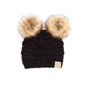 C.C Solid Ribbed Infant Natural Fur Double Pom Pom Beanie
