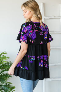 Women's Short Sleeve Floral Print Top with Ruffled Detail